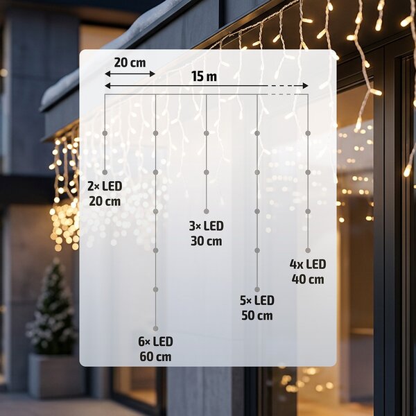 SOLIGHT LED vánoční závěs rampouchy, 300 LED, 15m, IP44, teplá bílá