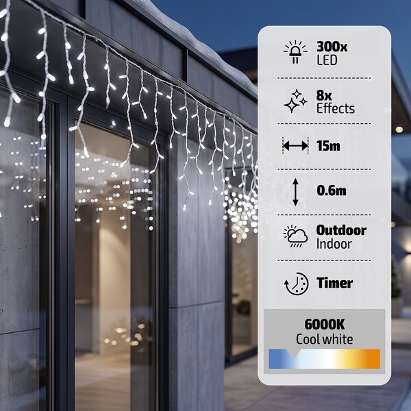 SOLIGHT LED vánoční závěs rampouchy, 300 LED, 15m, IP44, studená bílá