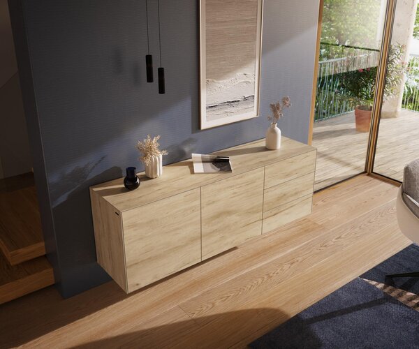 DELIFE Komoda Cuor 180 cm keramika Laminam® Sabbia dubová 2 dvířka 3 zásuvky závěsná