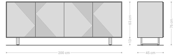 DELIFE Komoda Tereos 200 cm jasan tmavě hnědá 3D efekt 4 dvířka podnož kov černá