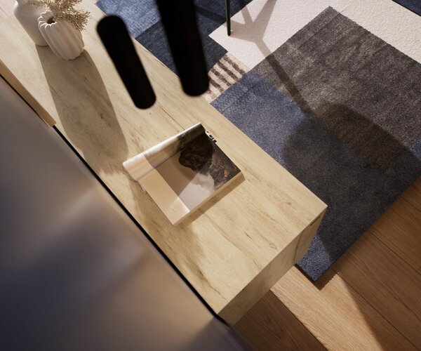 DELIFE Komoda Cuor 150 cm keramika Laminam® Sabbia dubová 3 dvířka podnož závěsná akrylglas