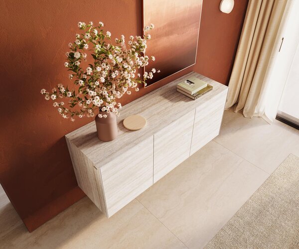 DELIFE Komoda Cuor 150 cm keramika Laminam® Travertino Bianco krémově bílá 3 dvířka závěsná