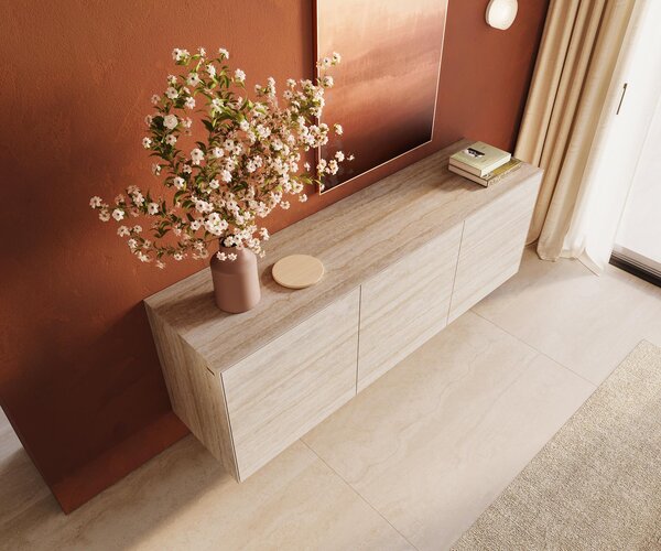 DELIFE Komoda Cuor 180 cm keramika Laminam® Travertino Bianco krémově bílá 2 dvířka 3 zásuvky závěsná