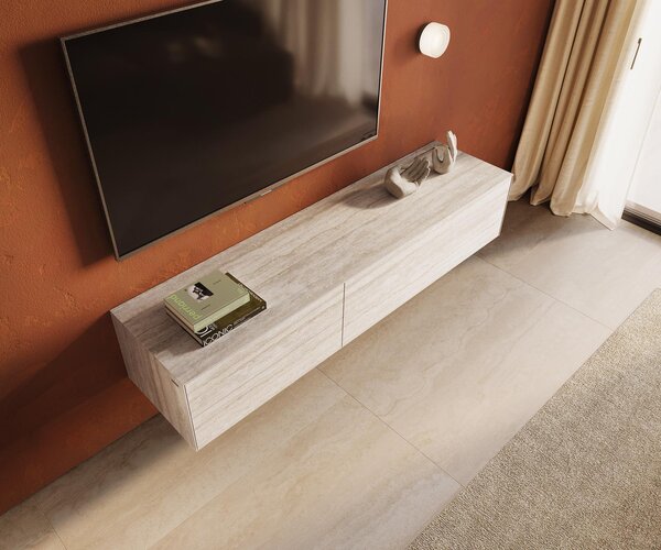 DELIFE TV stolek Cuor 180 cm keramika Laminam® Travertino Bianco krémově bílá 1 výklopná dvířka 2 zásuvky závěsný