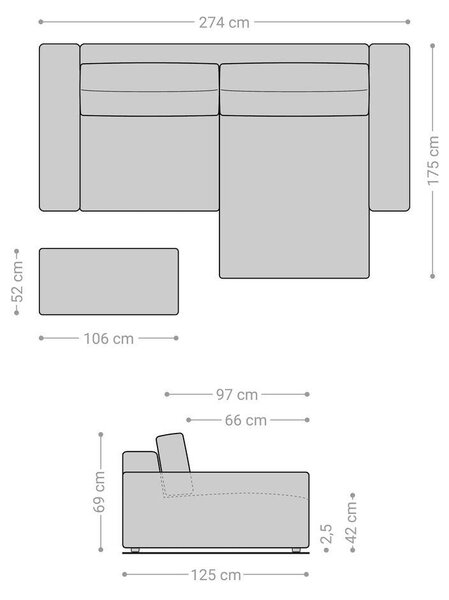 DELIFE Rohová pohovka Lanzo XL 270x180 cm mikrovlákno šedá variabilní lenoška s taburetem