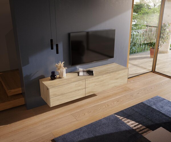 DELIFE TV stolek Cuor 180 cm keramika Laminam® Sabbia dubová 1 výklopná dvířka 2 zásuvky závěsný