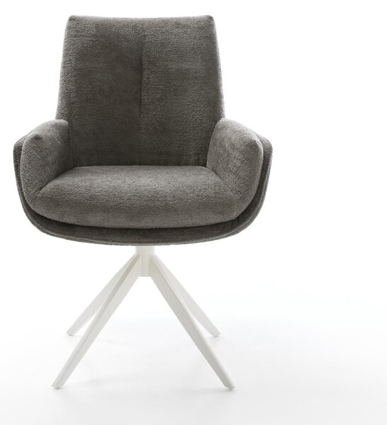 DELIFE Jídelní židle Clea-Flex bouclé měkký tmavě béžová křížová podnož široká bílá 360° otočný houpací funkce