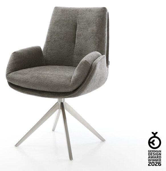 DELIFE Jídelní židle Clea-Flex bouclé měkký tmavě béžová křížová podnož široká nerezová ocel 360° otočný houpací funkce