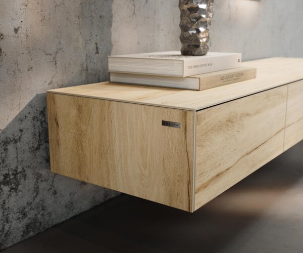 DELIFE TV stolek Cuor 150 cm keramika Laminam® Sabbia dubová barva 1 výklopná dvířka 1 zásuvka podnož závěsná kov černá
