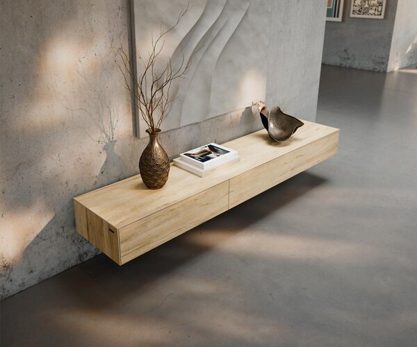 DELIFE TV stolek Cuor 200 cm keramika Laminam® Sabbia dubová 1 výklopná dvířka 1 zásuvka závěsný