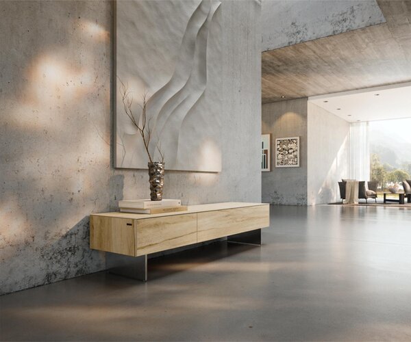 DELIFE TV stolek Cuor 150 cm keramika Laminam® Sabbia dubová 1 výklopná dvířka 1 zásuvka podnož závěsná nerezová ocel