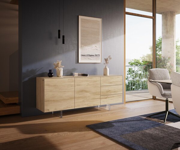DELIFE Komoda Cuor 180 cm keramika Laminam® Sabbia dubová 2 dvířka 3 zásuvky podnož závěsná akrylglas