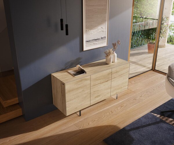 DELIFE Komoda Cuor 150 cm keramika Laminam® Sabbia dubová 3 dvířka podnož závěsná akrylglas
