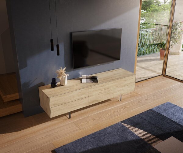 DELIFE TV stolek Cuor 180 cm keramika Laminam® Sabbia dubová barva 1 výklopná dvířka 2 zásuvky podnož závěsná akrylglas