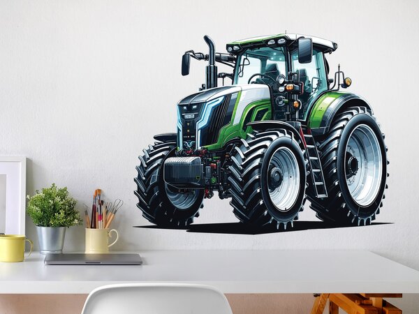 Zelenobílý traktor textilní přelepitelná samolepka na zeď arch 47 x 37 cm