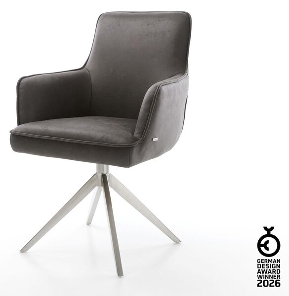 DELIFE Jídelní židle Heira-Flex s područkami mikrovlákno antracit vintage křížová podnož široká nerezová ocel 360° otočná houpací funkce taštičkové pružiny