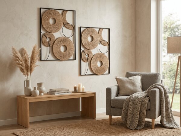 Sada 2 ks nástěnné dekorace CIRCLES kov 48x68 cm, černá / hnědá