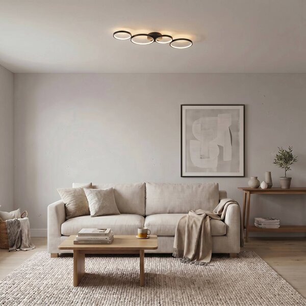 Lindby LED stropní svítidlo Evengeline, černé, hliník, 88 cm, Černá, Obývací pokoj / jídelna, Hliník, Moderní