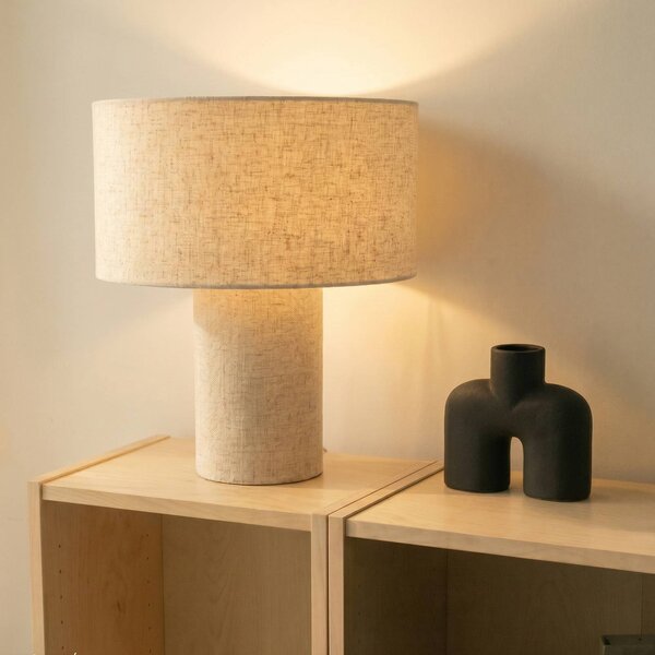 Lindby stolní lampa Elfie, Ø 35 cm, béžová, len, E27, Krémová / jantar, Obývací pokoj / jídelna, Textil / tkanina / hedvábí, Skandinávský
