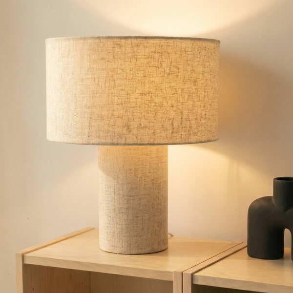Lindby stolní lampa Elfie, Ø 35 cm, béžová, len, E27, Krémová / jantar, Obývací pokoj / jídelna, Textil / tkanina / hedvábí, Skandinávský