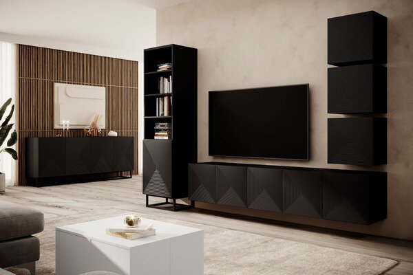 Závěsná TV skříňka Asha 200 cm s drážkovaným čelem - černý mat