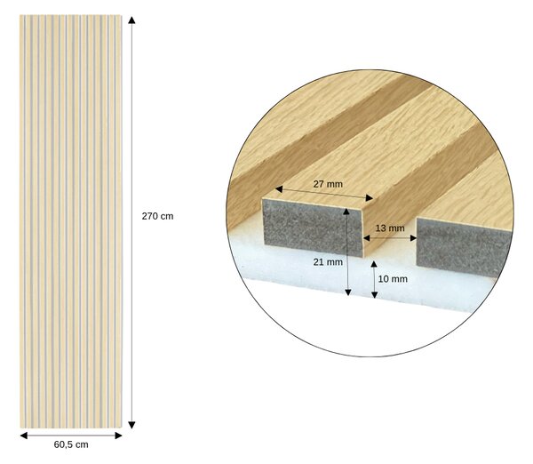 Horve Akustický panel 2700 x 605 mm - bílý dub s bílým filcem (dekor ze tří stran)