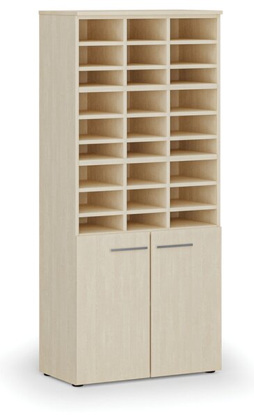 Třídicí regál s dveřmi PRIMO WOOD, 800 x 420 x 1781 mm, 27 přihrádek, bříza