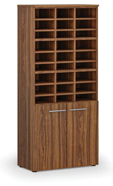 Třídicí regál s dveřmi PRIMO WOOD, 800 x 420 x 1781 mm, 27 přihrádek, ořech