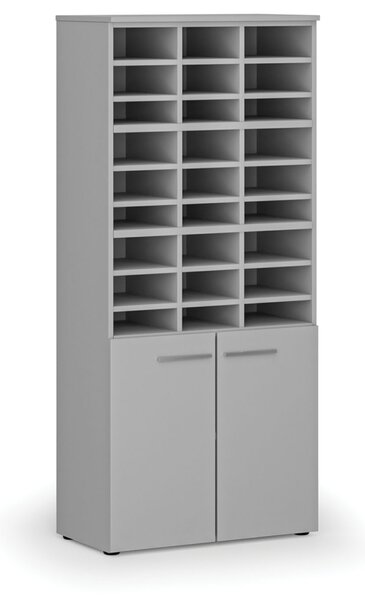 Třídicí regál s dveřmi PRIMO GRAY, 800 x 420 x 1781 mm, 27 přihrádek, šedý