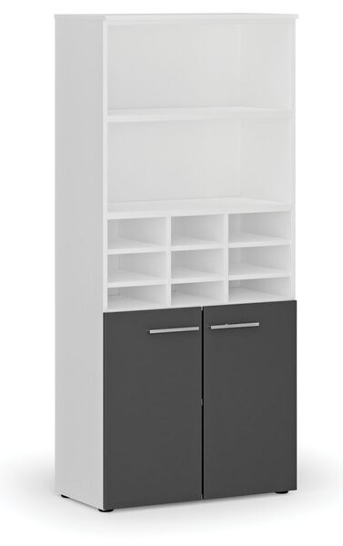 Třídicí regál s dveřmi PRIMO WHITE, 800 x 420 x 1781 mm, 9 přihrádek, bílá / grafitová