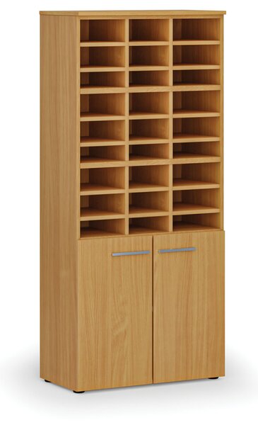 Třídicí regál s dveřmi PRIMO WOOD, 800 x 420 x 1781 mm, 27 přihrádek, buk
