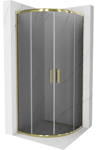 Mexen Rio, čtvrtkruhový sprchový kout s posuvnými dveřmi 90 (dveře) x 90 (dveře) x 190 cm, 5mm šedé sklo, zlatý profil, 863-090-090-50-40