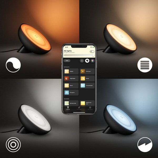 Philips HUE Bloom Gen4 EU / UK dekorační stolní LED svítilna 7.1W / 500lm 2000-6500K černá Bluetooth