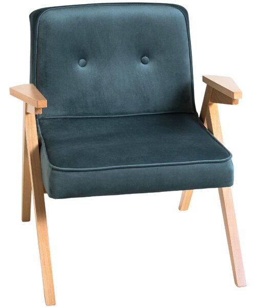 Nordic Design Petrolejově modré sametové křeslo Vinnie s přírodní podnoží