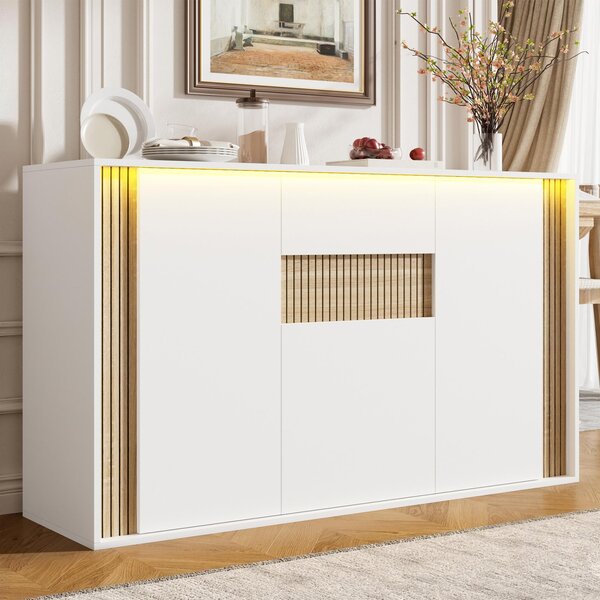 Komoda Flieks se 3 dvířky, 1 zásuvkou a nastavitelným LED osvětlením, vhodná do obývacího pokoje, chodby nebo ložnice, rozměry 140x40x82 cm, bílá barva