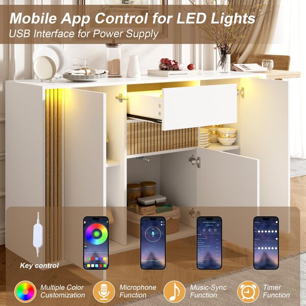 Komoda Flieks se 3 dvířky, 1 zásuvkou a nastavitelným LED osvětlením, vhodná do obývacího pokoje, chodby nebo ložnice, rozměry 140x40x82 cm, bílá barva
