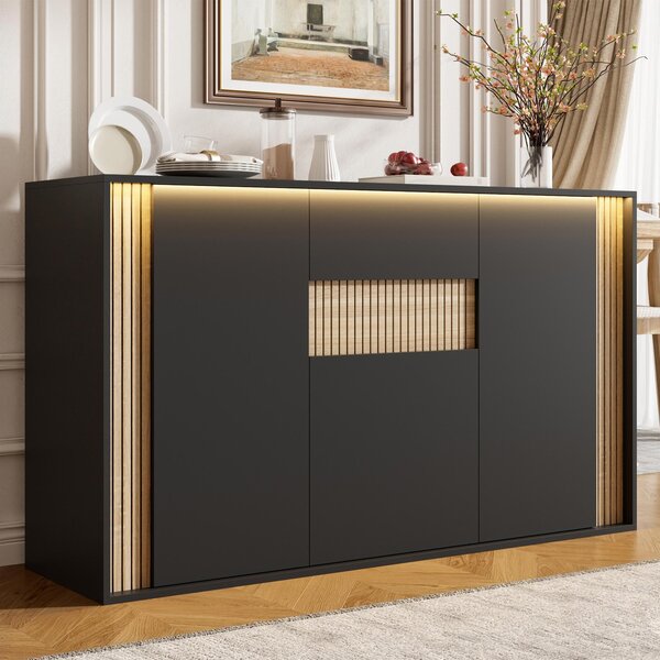 Komoda Flieks se 3 dvířky, 1 zásuvkou a nastavitelným LED osvětlením, vhodná do obývacího pokoje, chodby nebo ložnice, rozměry: 140x40x82 cm, barva: černá