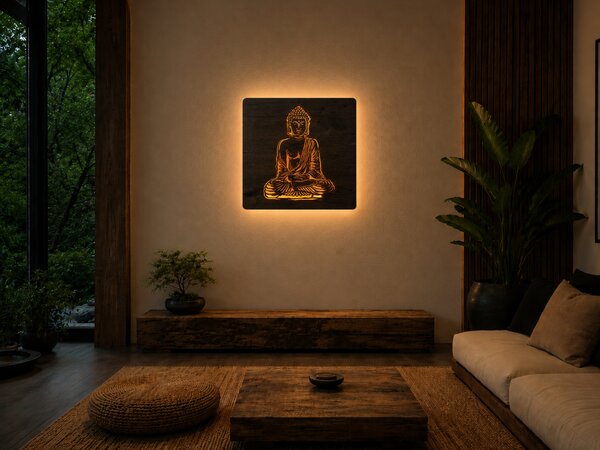 "Buddha" světelný obraz s baterií a pohybovým čidlem 62x62 cm provedení povrchu: dub světlý