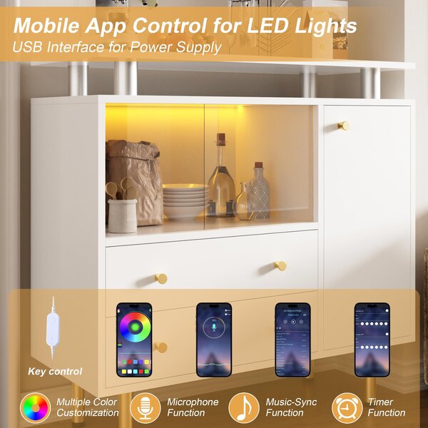 Moderní LED komoda/skříňka od společnosti Flieks s 2 skleněnými posuvnými dvířky, 2 zásuvkami a 1 dveřmi, s kovovými úchytkami a kovovými nohami, vhodná do obývacího pokoje, chodby nebo jako skříň, barva bílá