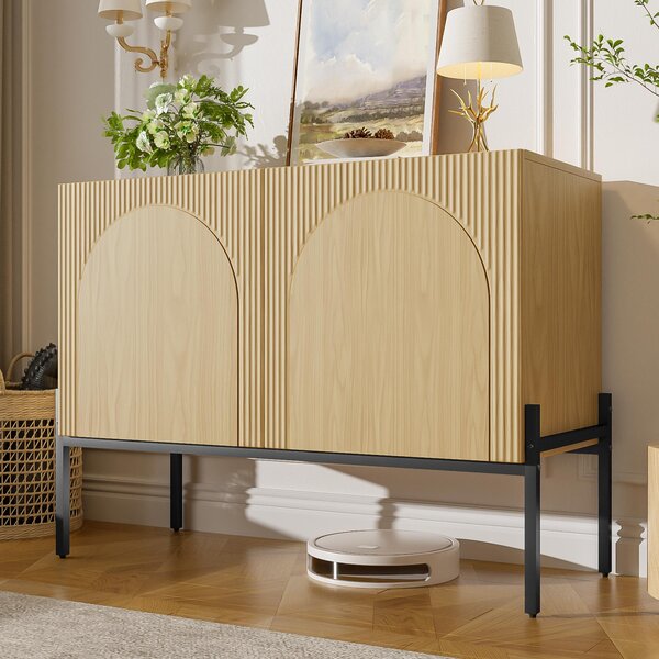 Komoda Flieks se dvěma dvířky a kovovými nohami, design s oblými liniemi, rozměry 100x40x75 cm, barva: přírodní