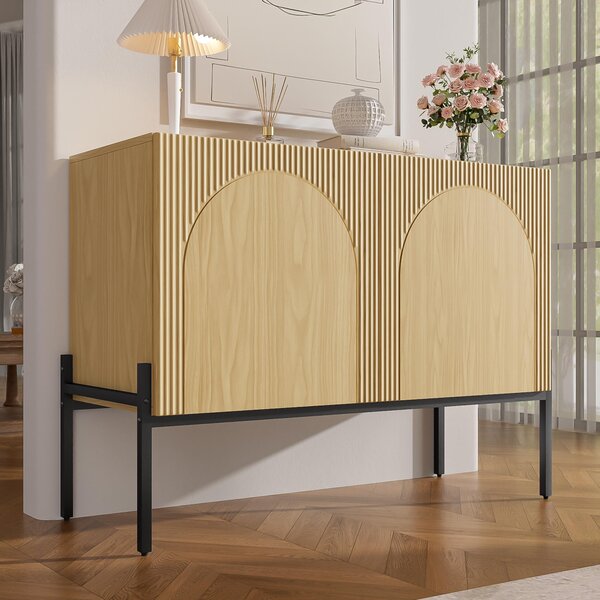 Komoda Flieks se dvěma dvířky a kovovými nohami, design s oblými liniemi, rozměry 100x40x75 cm, barva: přírodní