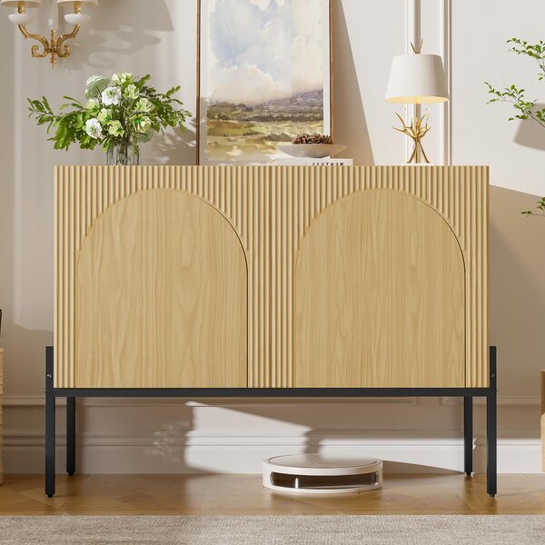 Komoda Flieks se dvěma dvířky a kovovými nohami, design s oblými liniemi, rozměry 100x40x75 cm, barva: přírodní