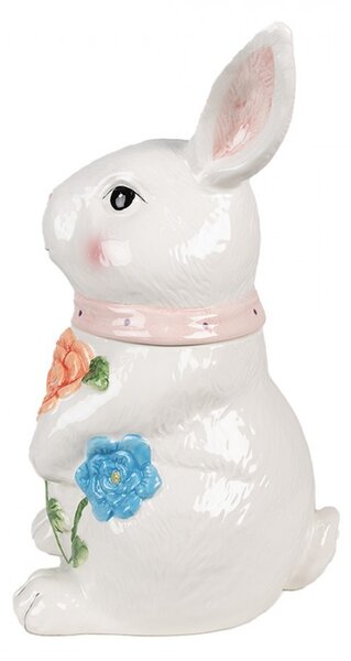 Bílá keramická úložná nádoba králík s květy - 16*15*29 cm - Clayre & Eef