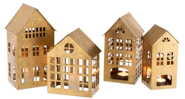 Zlatý antik kovový domek na svíčku - 22*14*28cm - J-Line by Jolipa