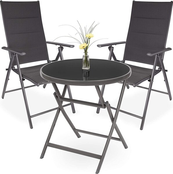 BRUBAKER Zahradní sedací souprava Riva - 1 sklenný skládací stl kulatý 70 cm Ø se 2 idlemi s vysokým opradlem - odolný proti povtrnostním vlivm - stíbrn edý