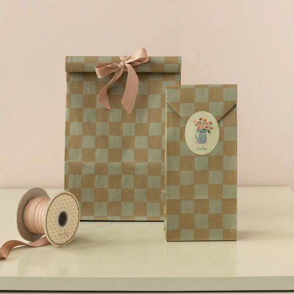 Papírový sáček Checker Mint / Ocher 24 cm – set 5 ks