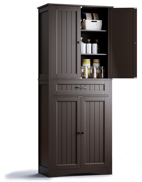 BEALIFE Vysoká skříň se 4 dveřmi a 1 zásuvkou | 73x42x180 cm s ochranou proti překlopení pro jídelnu, ložnici a úložný prostor | Bílá/hnědá/černá | AP16