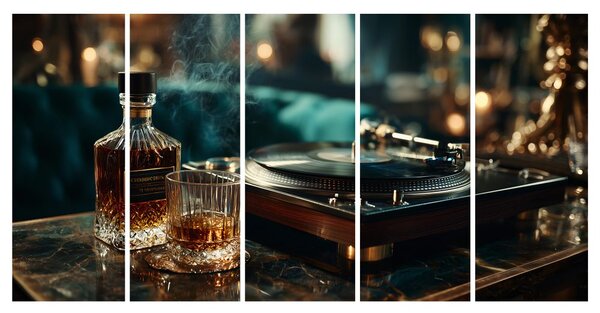 5-dílný obraz elegance whisky a gramofonu