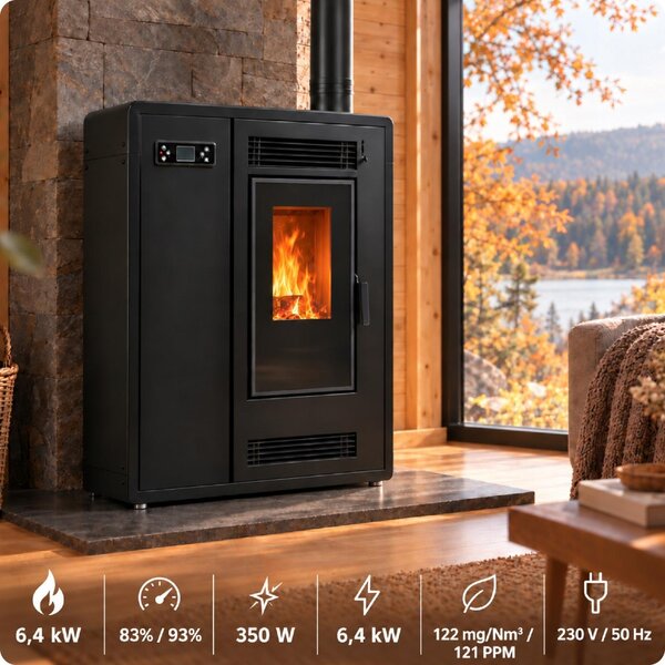Peletová kamna FLARE SLIM 6,4 kW s WiFi, rozvodem teplého vzduchu DGP, dálkovým ovládáním, pro plochy do 80 m²
