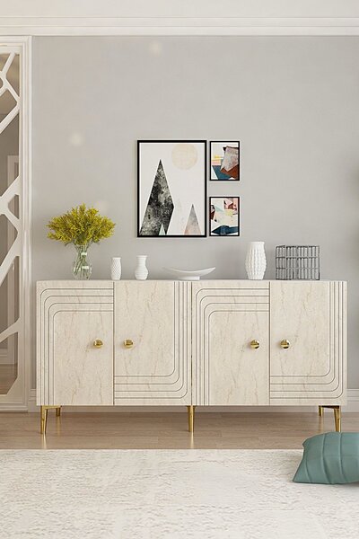 Skříňka Lowissa (bílá + travertin + zlatá). Akce -20%